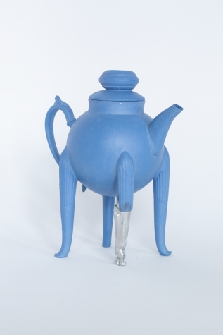 Blue teapot with a pewter leg, 2021. Porcelain and pewter