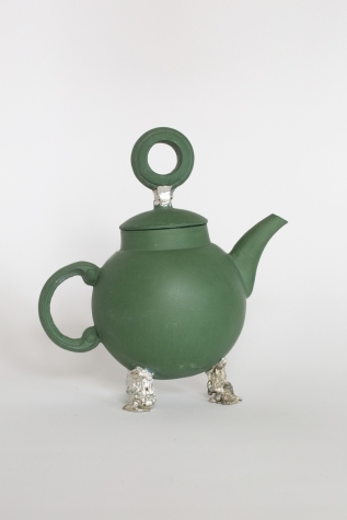 Green teapot with pewter legs, 2021. Porcelain and pewter