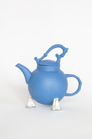 Blue teapot with pewter legs, 2021. Porcelain and pewter (SOLD)