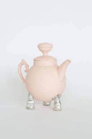 Peach teapot with pewter legs, 2021. Porcelain and pewter