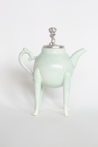 Pewter lid on the green teapot. 2021. Porcelain and pewter, H 24.5cm x W 22cm